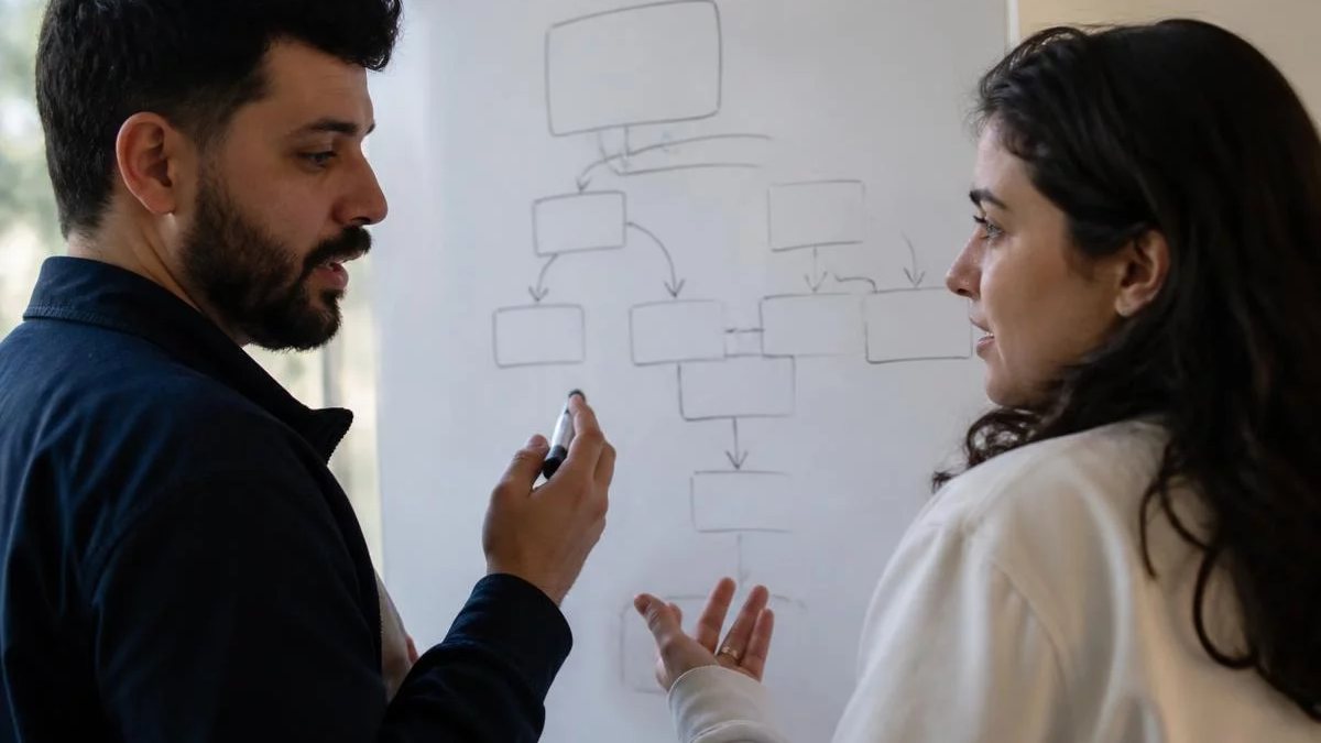 Duas participantes de pé diante do quadro branco, montando um argumento a caneta