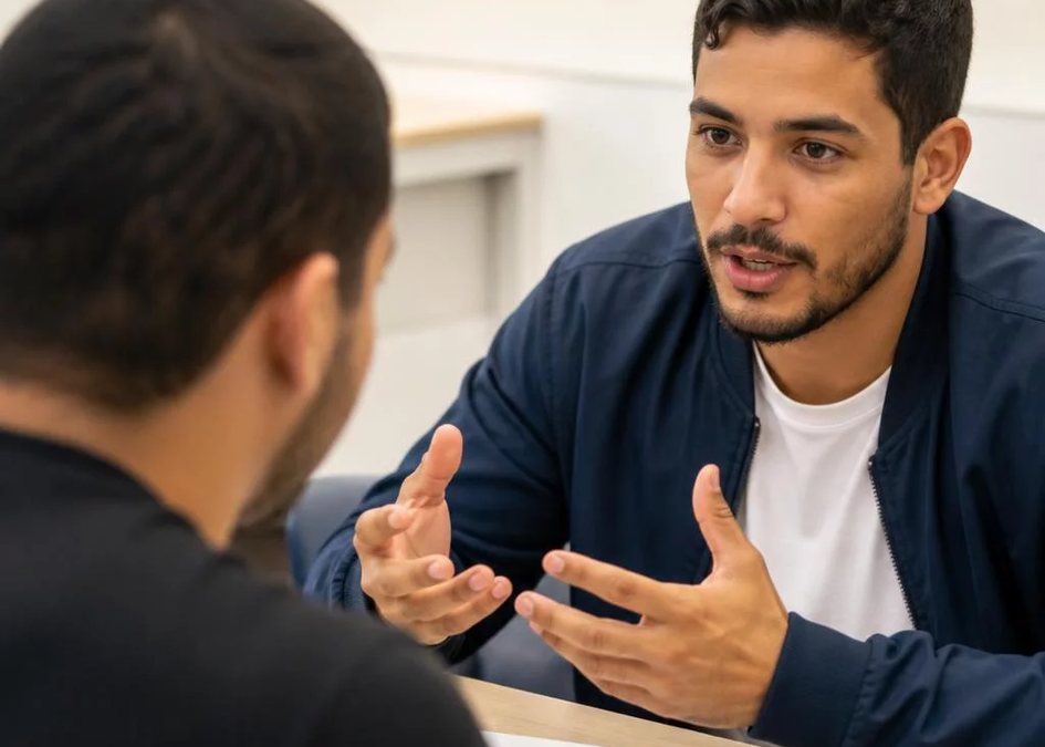 Duas pessoas frente a frente na mesa: uma sustenta a fala, a outra anota o que ouviu